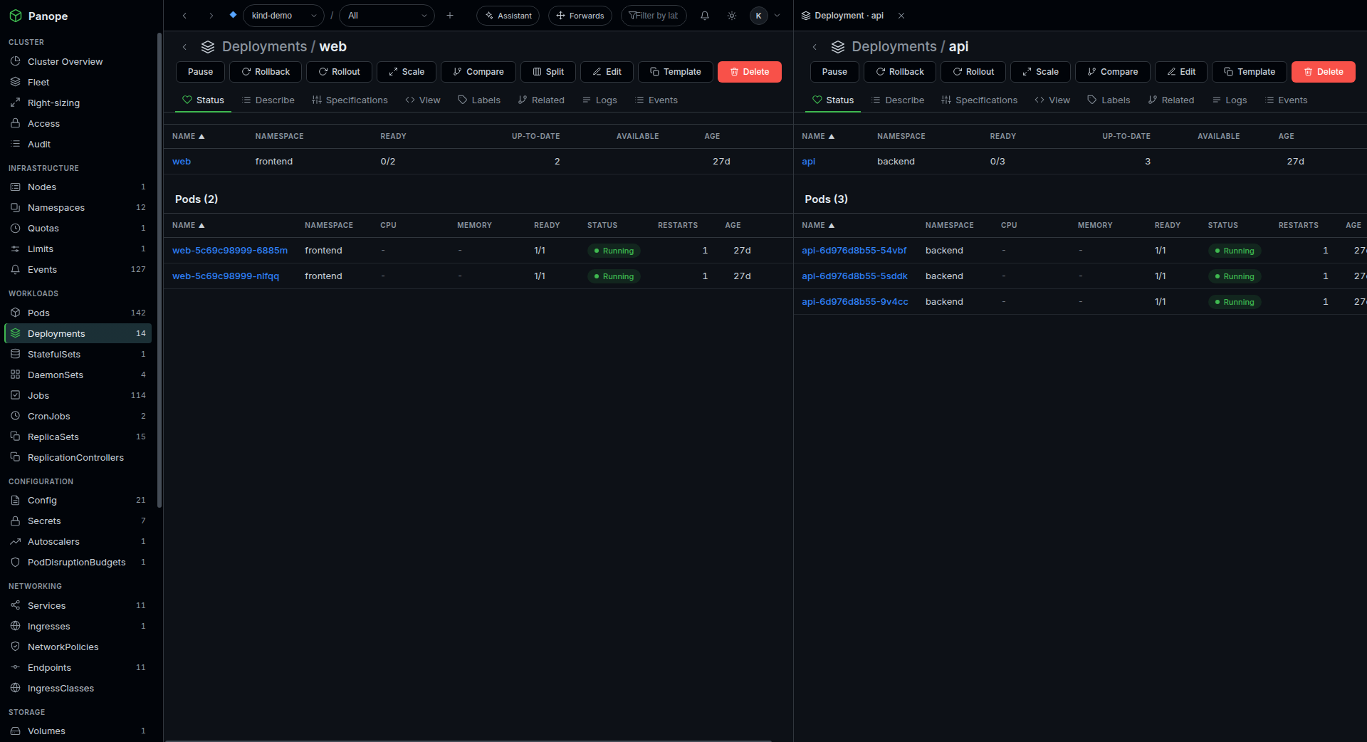 Split view: two Deployments open side by side, each with its own tabs and pods.