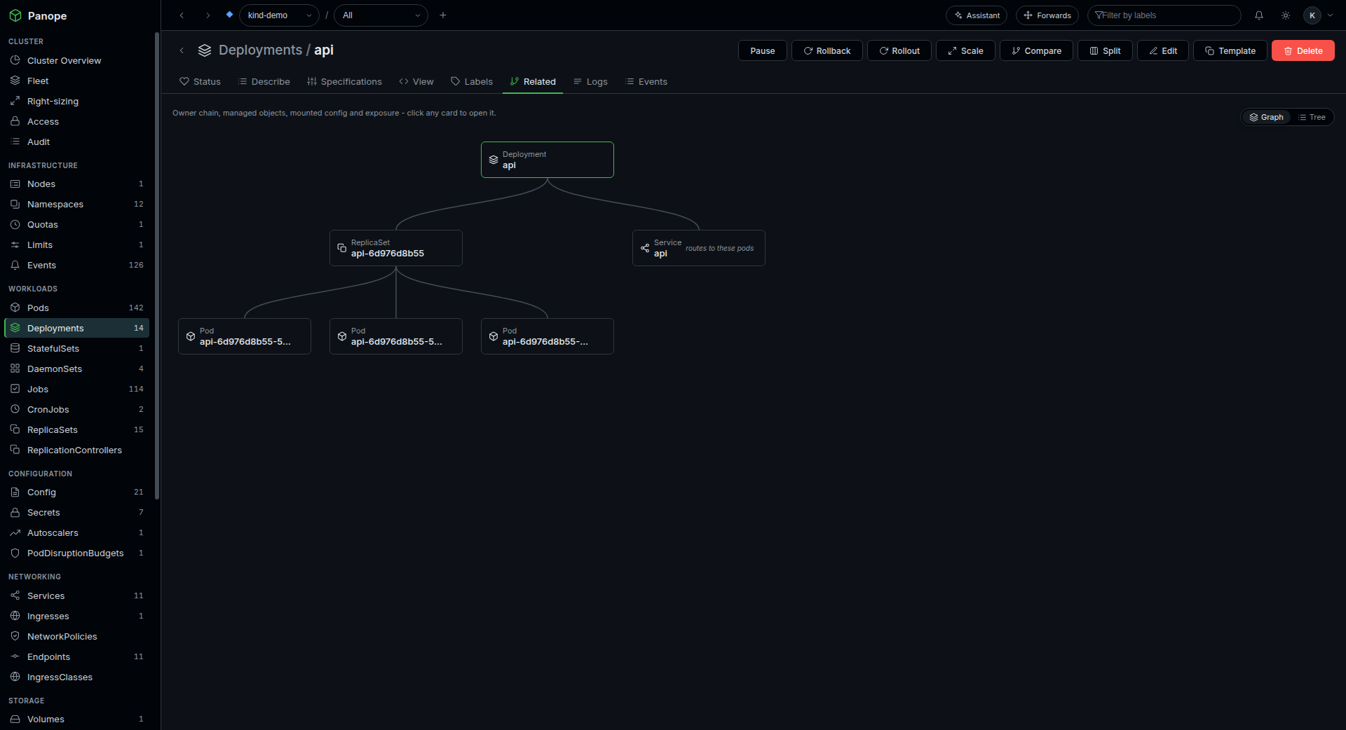 Topology graph: a Deployment linked to its ReplicaSet, Pods and the Service routing to them.
